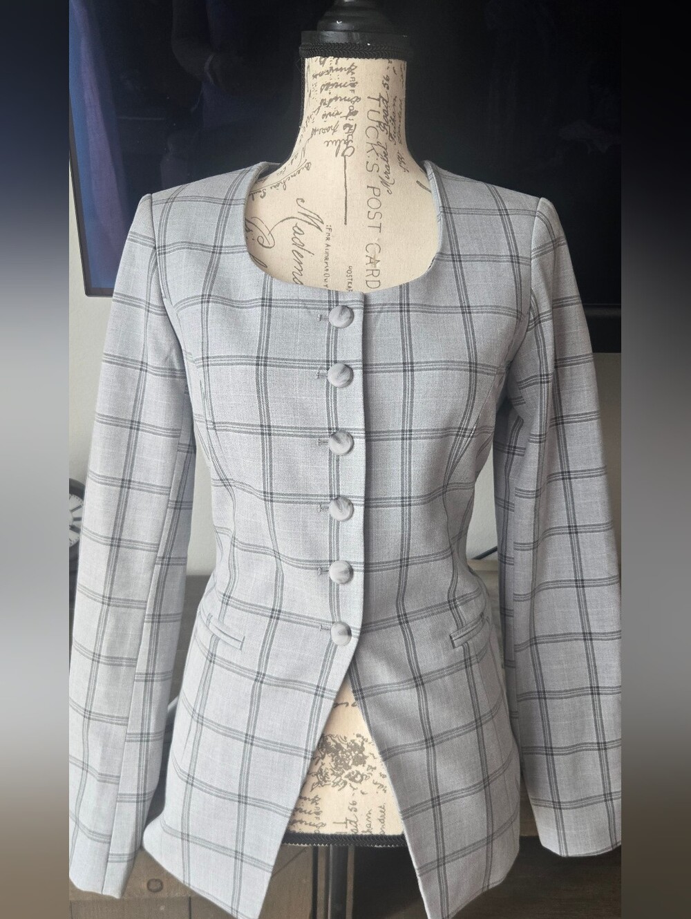 Rachel Zoe Women's Grey Plaid Square Neck Blazer - Small